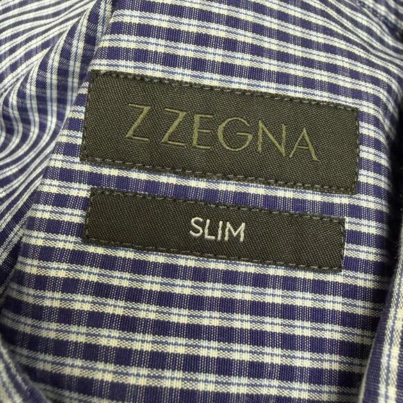 Z Zegna Checked Button Down Shirt in Blue Cotton